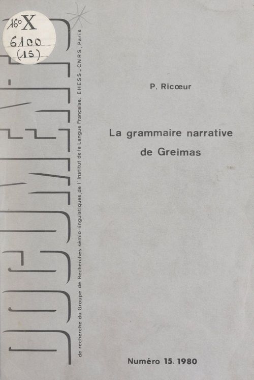 Couverture ebook de La grammaire narrative de Greimas, de Paul Ricoeur