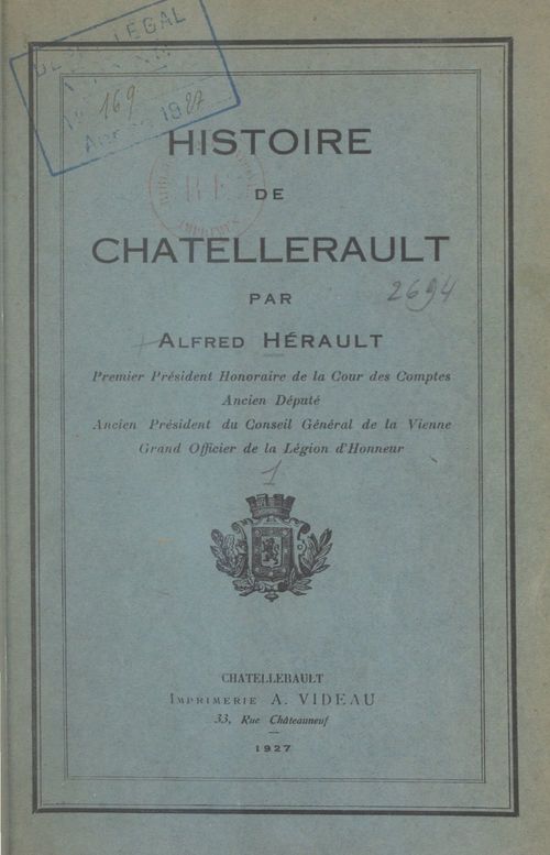 ebook cover of Histoire de Châtellerault, by Alfred Herault