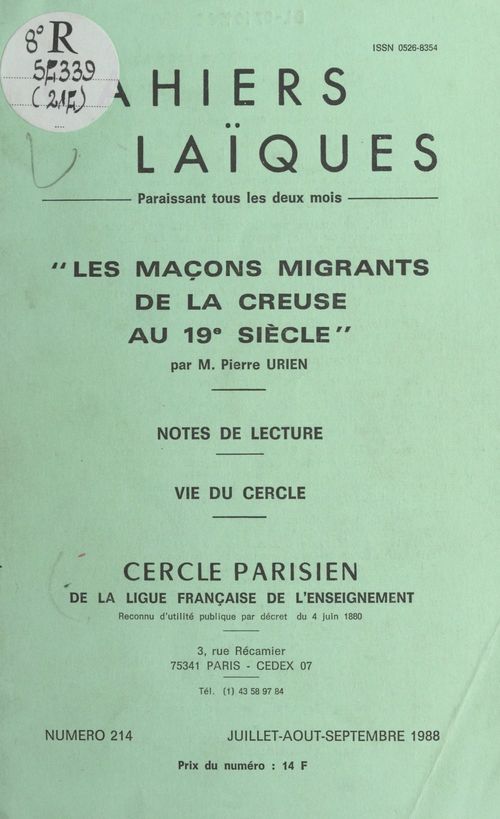 ebook cover of Les maçons migrants de la Creuse au 19e siècle, by Pierre Urien