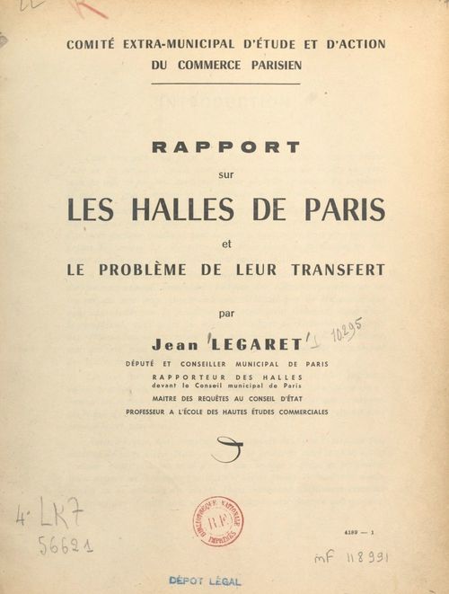 Couverture ebook de Rapport sur les Halles de Paris et le problème de leur transfert, de Jean Legaret