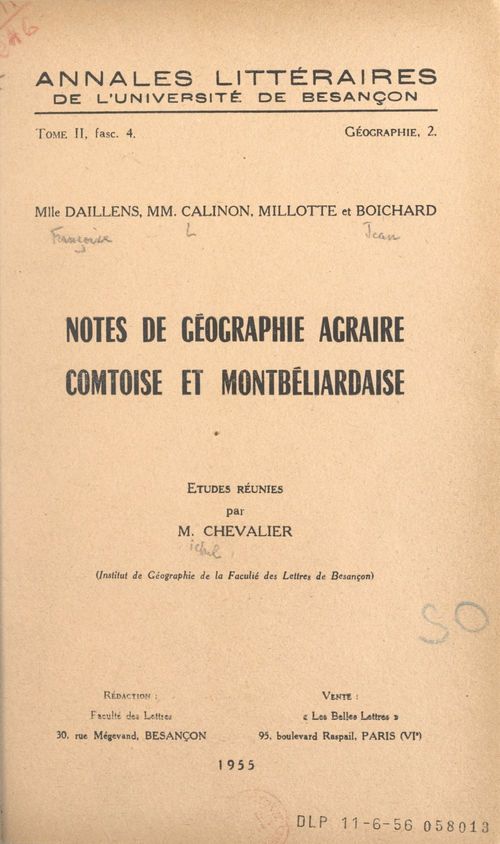 ebook cover of Notes de géographie agraire comtoise et montbéliardaise, by Francoise Daillens, Jacques-Pierre Millotte, Jean Boichard, Louis Calinon