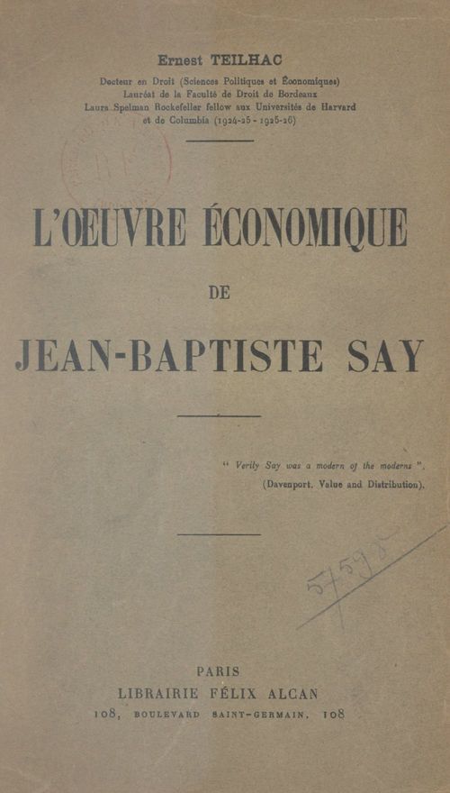 Couverture ebook de L'oeuvre économique de Jean-Baptiste Say, de Ernest Teilhac