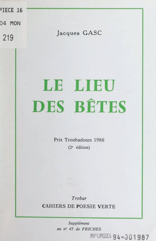 Couverture ebook de Le lieu des bêtes, de Jacques Gasc