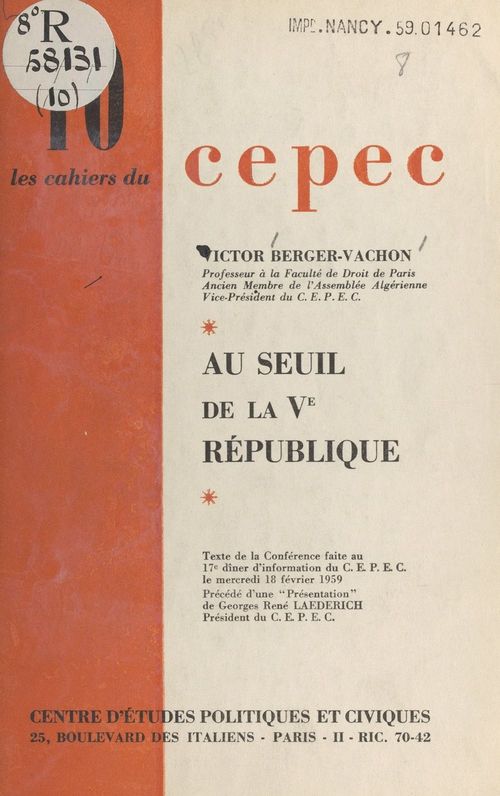 Couverture ebook de Au seuil de la Ve République, de Victor Berger-Vachon