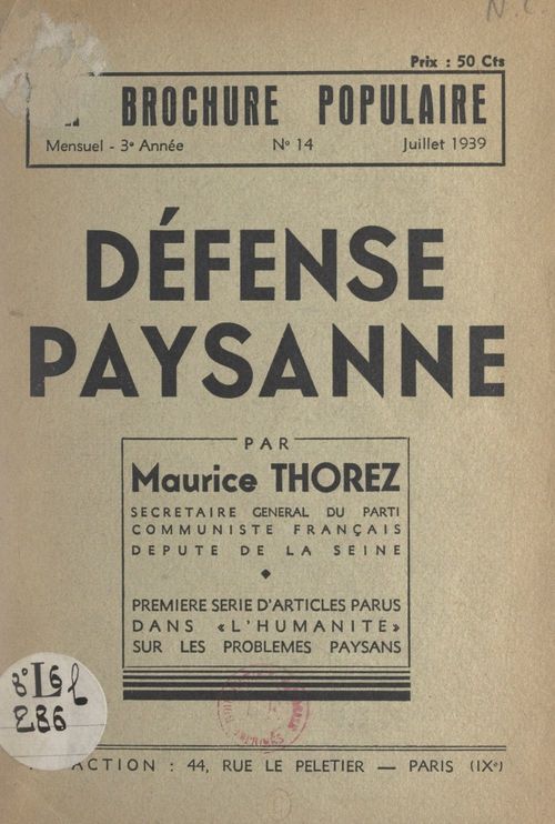 ebook cover of Défense paysanne, by Maurice Thorez