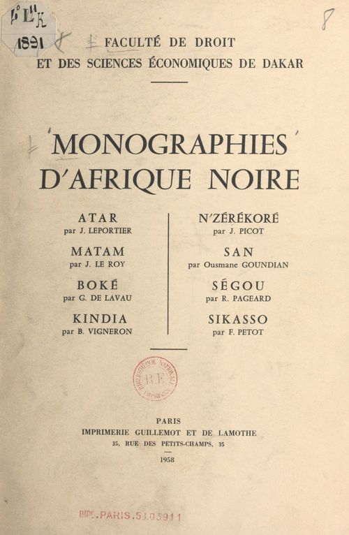 ebook cover of Monographies d'Afrique noire, by G. De Lavau, J. Le Roy, Ousmane Goundian