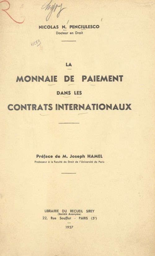 Couverture ebook de La monnaie de paiement dans les contrats internationaux, de Nicolas N. Penciulesco