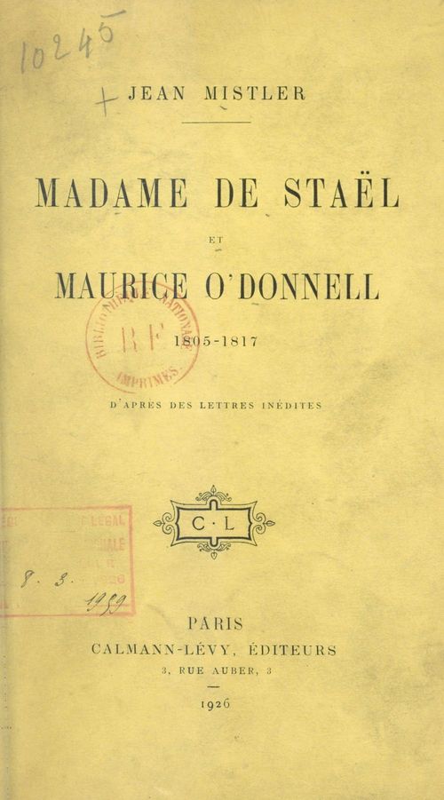 ebook cover of Madame de Staël et Maurice O'Donnell, by Jean Mistler