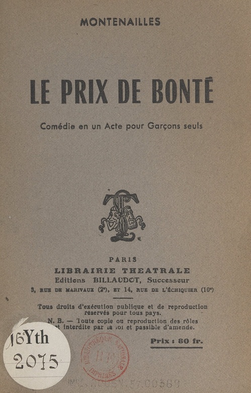 Couverture ebook de Le prix de bonté, de Montenailles