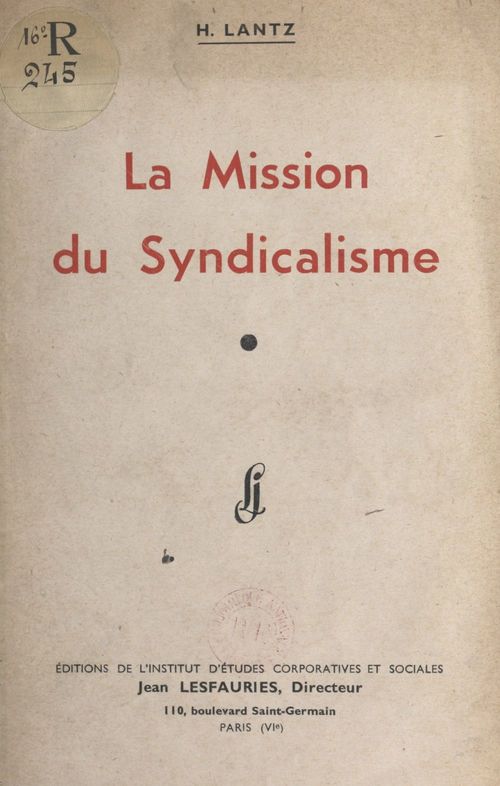 Couverture ebook de La mission du syndicalisme, de H. Lantz