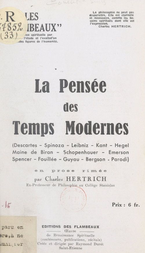 Couverture ebook de La pensée des temps modernes, de Charles Hertrich