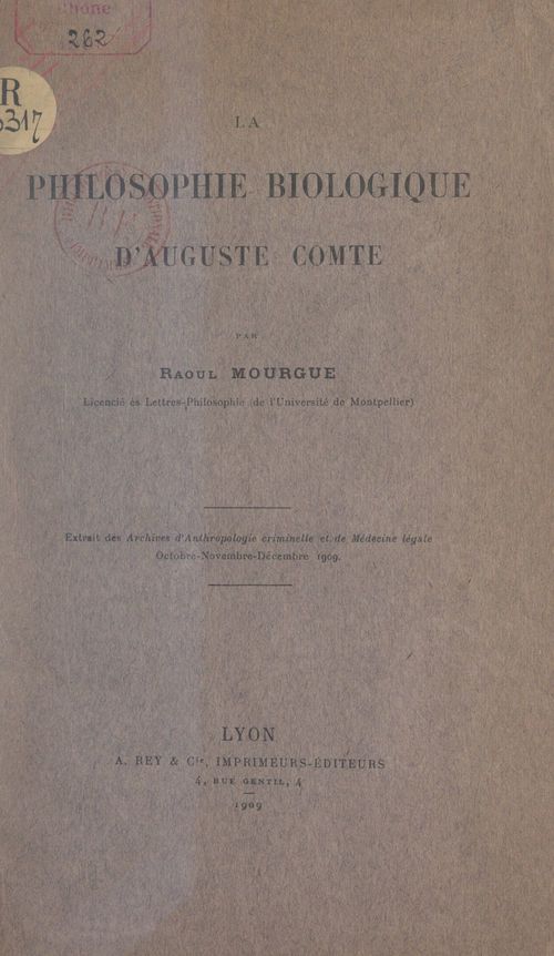 Couverture ebook de La philosophie biologique d'Auguste Comte, de Raoul Mourgue