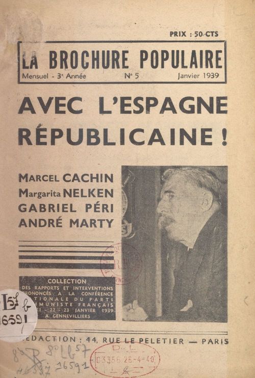 ebook cover of Avec l'Espagne républicaine !, by Andre Marty, Gabriel Peri, Marcel Cachin, Margarita Nelken