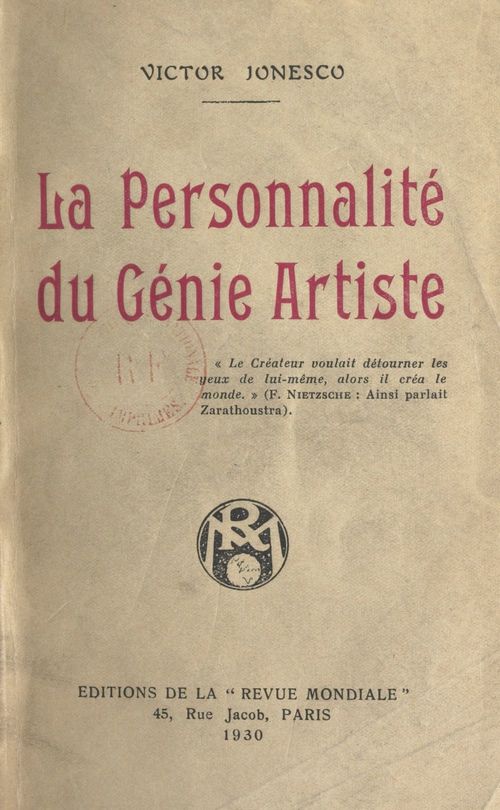 Couverture ebook de La personnalité du génie artiste, de Victor Jonesco