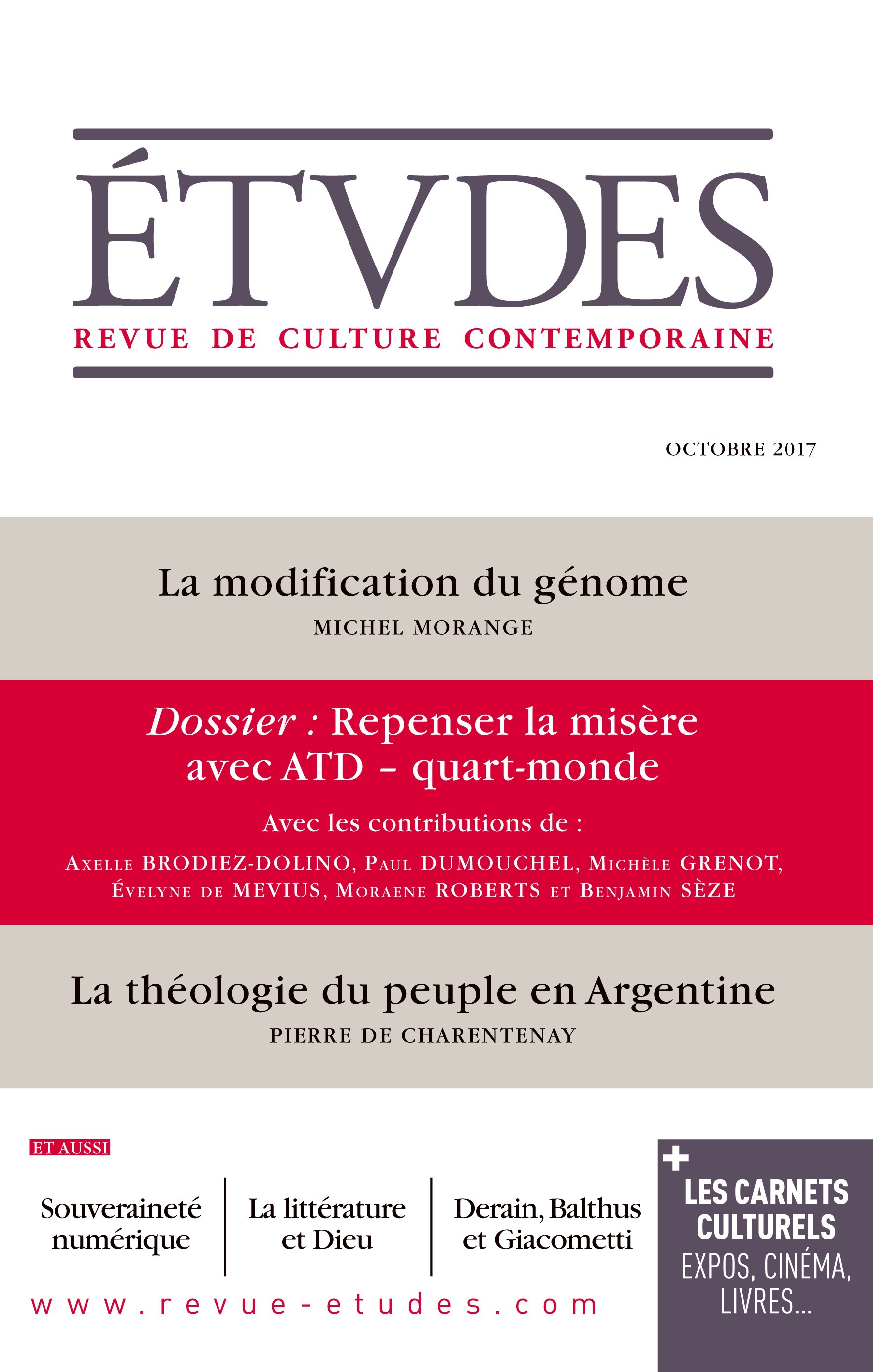Couverture ebook de Etudes - Repenser la Misère avec ATD - quart-monde, de Revue études