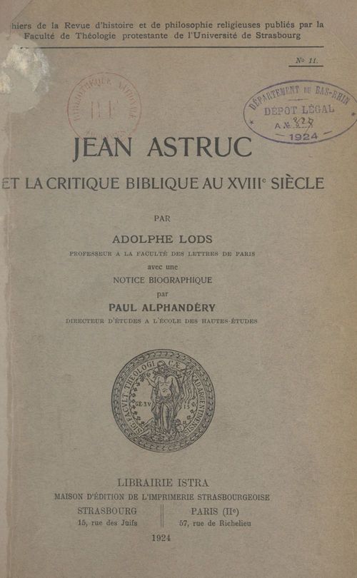 Couverture ebook de Jean Astruc et la critique biblique au XVIIIe siècle, de Adolphe Lods