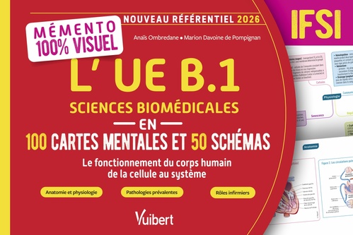 Couverture ebook de Mémento 100 % visuel - L´UE B.1 Sciences biomédicales en 100 cartes mentales et 50 schémas - Nouveau référentiel IFSI 2026, de Marion Davoine de Pompignan, Anaïs Ombredane