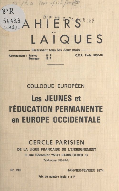 ebook cover of Colloque européen "Les jeunes et l'éducation permanente en Europe occidentale", by Michel Roux, Sylvain De Coster