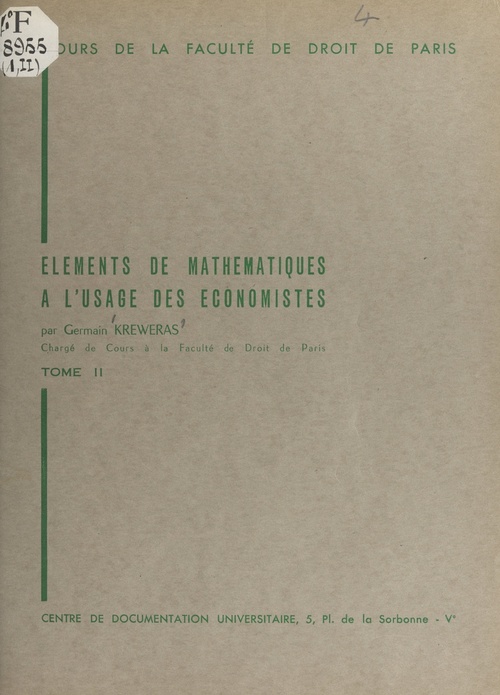 Couverture ebook de Éléments de mathématiques à l'usage des économistes (2), de Germain Kreweras
