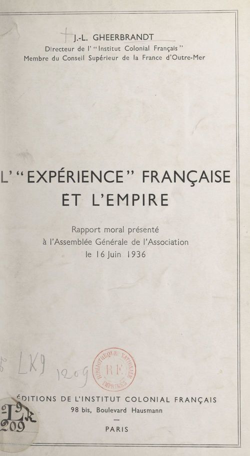 Couverture ebook de L'expérience française et l'Empire, de Jehan-Laurent Gheerbrandt
