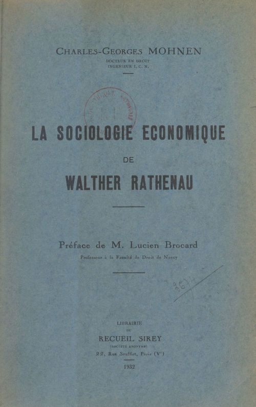 ebook cover of La sociologie économique de Walther Rathenau, by Charles-Georges Mohnen