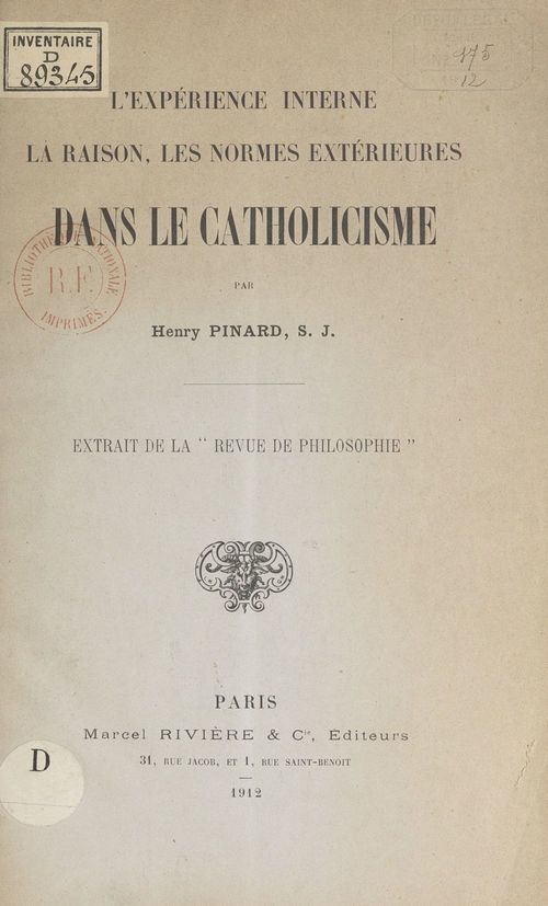 Couverture ebook de L'expérience interne, la raison, les normes extérieures dans le catholicisme, de Henry Pinard