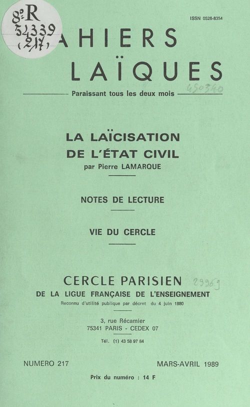 Couverture ebook de La laïcisation de l'État civil, de Pierre Lamarque