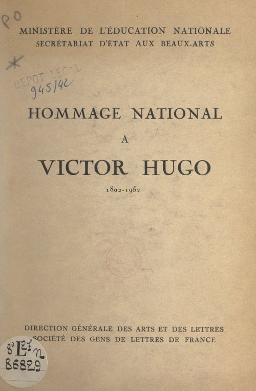 Couverture ebook de Hommage national à Victor Hugo, 1802-1952, de Direction Generale Des Arts Et Des Lettr, Societe Des Gens De Lettres De France
