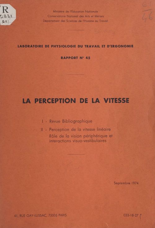 Couverture ebook de La perception de la vitesse, de Alain Berthoz, Bernard Pavard