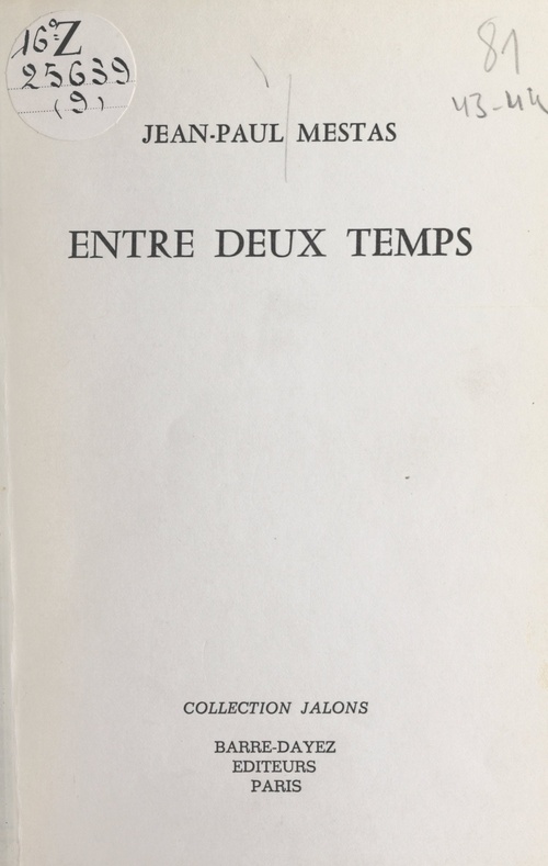 ebook cover of Entre deux temps, by Jean-Paul Mestas