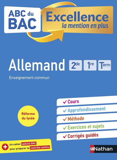 Couverture ebook de Allemand 2de-1re-Tle - ABC du BAC Excellence - Bac 2025 - Enseignement commun seconde, première, terminale - Cours, Approfondissement, Méthode, Exercices et Sujets corrigés + Cahier spécial Bac - EPUB, de Cecile Brunet