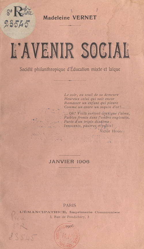 Couverture ebook de L'avenir social, de Madeleine Vernet
