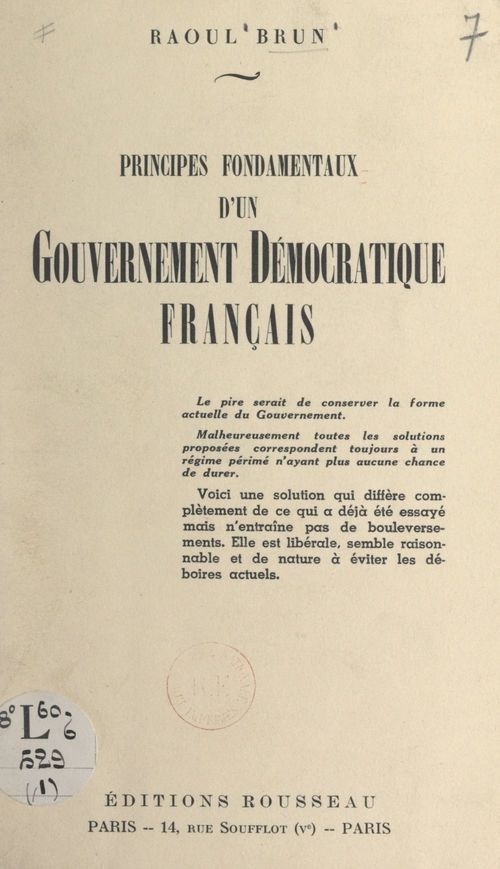 ebook cover of Principes fondamentaux d'un gouvernement démocratique français, by Raoul Brun