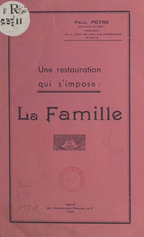 ebook cover of Une restauration qui s'impose : la famille, by Paul Peyre