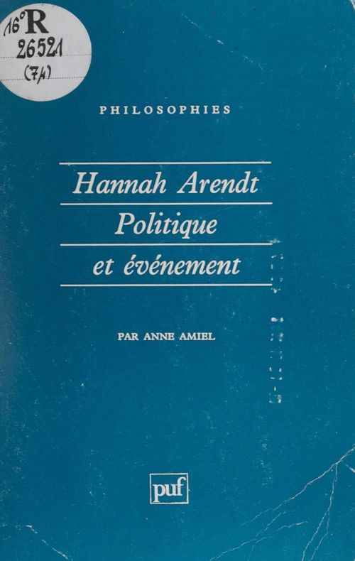 Couverture ebook de Hannah Arendt : politique et évènement, de Anne Amiel