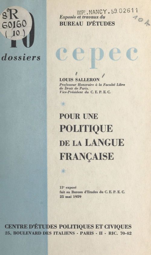 Couverture ebook de Pour une politique de la langue française, de Louis Salleron