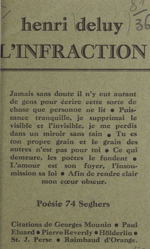 Couverture ebook de L'infraction, de Henri Deluy
