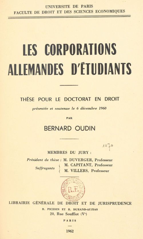 Couverture ebook de Les corporations allemandes d'étudiants, de Bernard Oudin