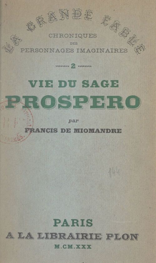 Couverture ebook de Vie du sage Prospero, de Francis de Miomandre