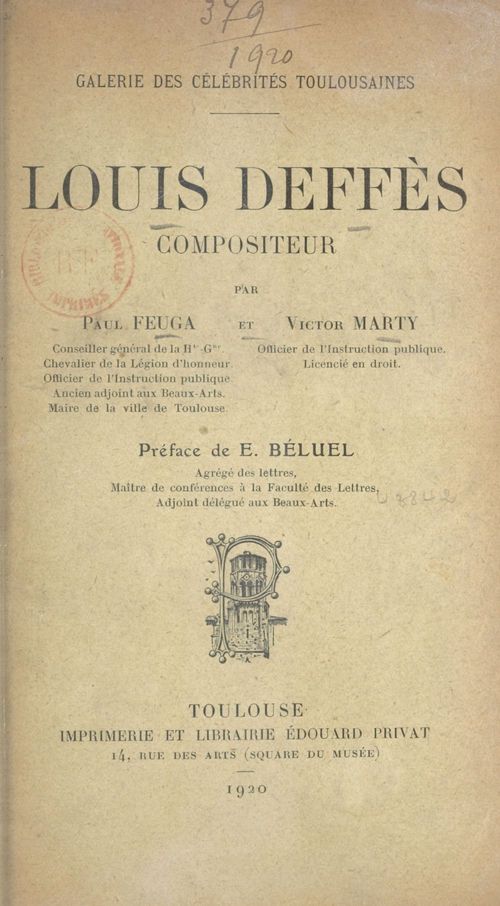 Couverture ebook de Louis Deffès, compositeur, de Paul Feuga, Victor Marty