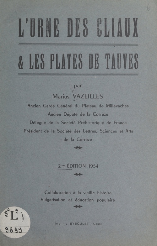 Couverture ebook de L'urne des Cliaux et les plates de Tauves, de Marius Vazeilles