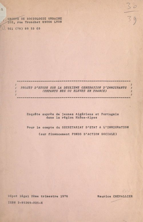 Couverture ebook de Projet d'étude sur la deuxième génération d'immigrants (enfants nés ou élevés en France), de Maurice Chevallier