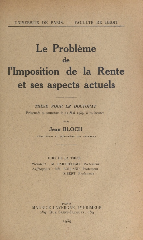 ebook cover of Le problème de l'imposition de la rente et ses aspects actuels, by Jean Bloch