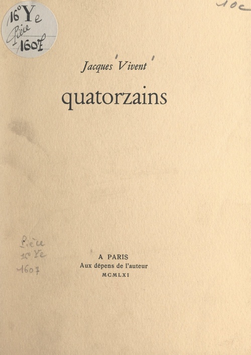 ebook cover of Quatorzains, by Jacques Vivent