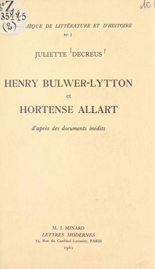 Couverture ebook de Henry Bulwer-Lytton et Hortense Allart, de Juliette Decreus