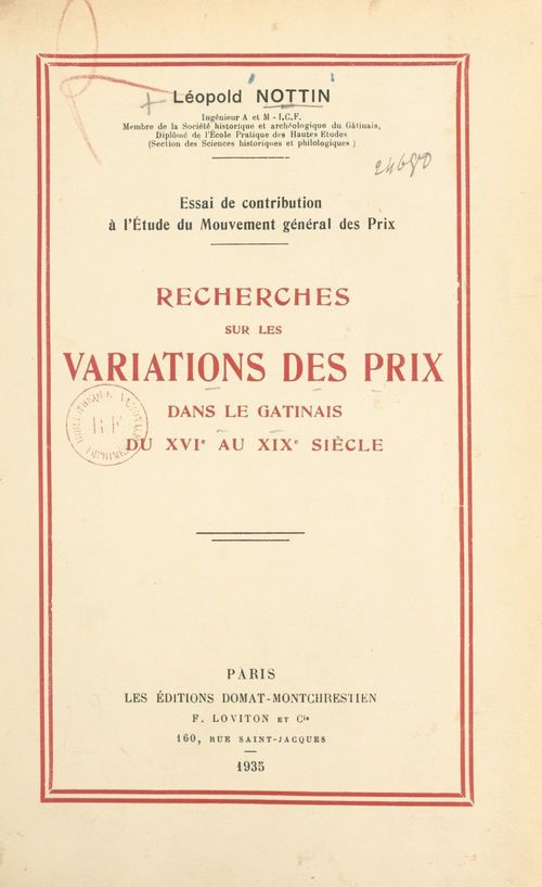 Couverture ebook de Recherches sur les variations des prix dans le Gâtinais du XVIe au XIXe siècle, de Leopold Nottin