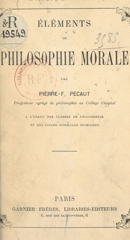 Couverture ebook de Éléments de philosophie morale, de Pierre-Felix Pecaut