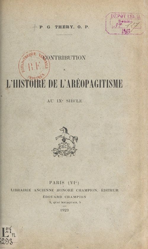 Couverture ebook de Contribution à l'histoire de l'aréopagitisme au IXe siècle, de Gabriel Thery