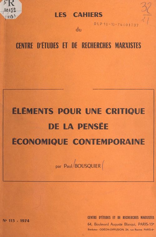 Couverture ebook de Éléments pour une critique de la pensée économique contemporaine, de Paul Bousquier