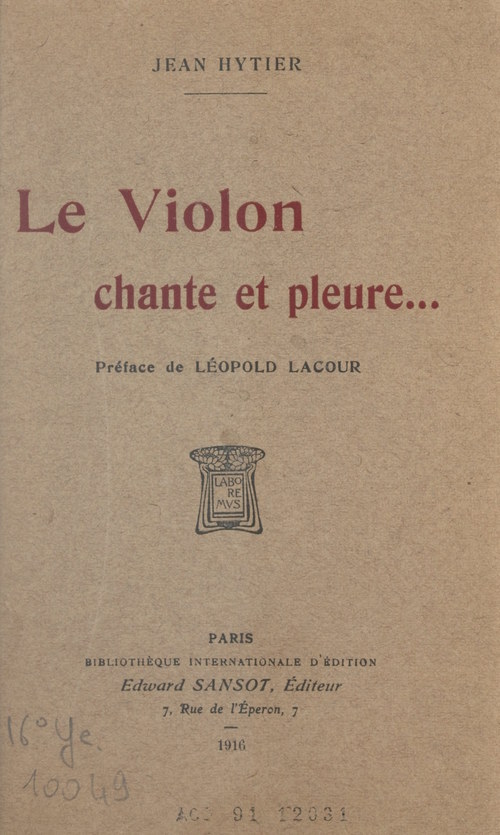 ebook cover of Le violon chante et pleure..., by Jean Hytier